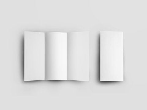 Template of open and closed standard booklet, blank leflet with realistic shadows, isolated on gray background, front view.