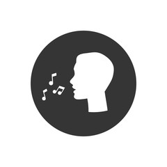 Black silhouette head man and note as singing icon. Vector