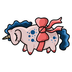 Vector colorful unicorn illustration. Happy unicorn with closed eyes in funny pose. Cute illustration for children's designs. Scandinavian nursery.