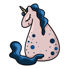 Vector colorful unicorn illustration. Happy unicorn with closed eyes in funny pose. Cute illustration for children's designs. Scandinavian nursery.