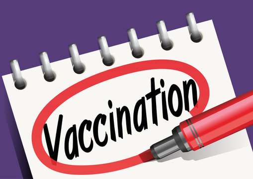 Concept de la lutte contre l’épidémie de Coronavirus avec le mot vaccination écrit sur un bloc note et entouré d’un cercle rouge.