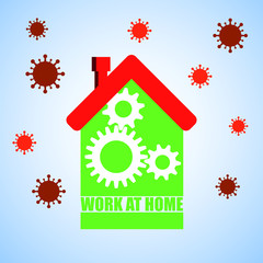Obraz na płótnie Canvas Work at home written green home with gearwheels and viruses in the air.