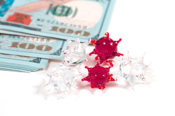 COVID-19 coronavirus in USA, 100 dollar money bill with coronavirus . COVID-19 affects global stock market. World economy hit by corona virus outbreak and pandemic fears. Crisis and finance concept