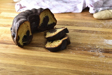 Marble cake on a wood background