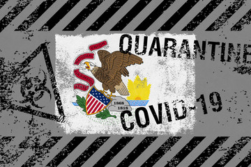 Flag of the state of Illinois on grunge background with COVID-19 and QUARANTINE symbols on it. Novel Coronavirus (2019-nCoV) concept, for an outbreak occurs in Illinois, US.