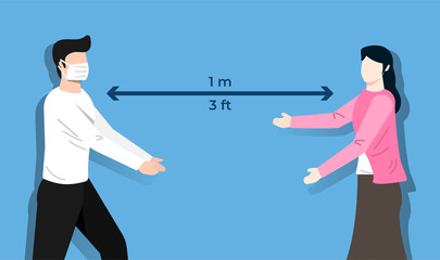 Social distancing, keep distance in public society people to protect from COVID-19 coronavirus outbreak spreading concept, man and woman keep distance away with virus pathogens, vector illustration
