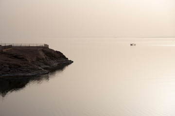 Lake Nasser next to Abu Simbel in Egypt, with its calm waters, large expanse, next to the desert