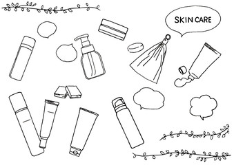 スキンケアアイテム一式の線画イラスト