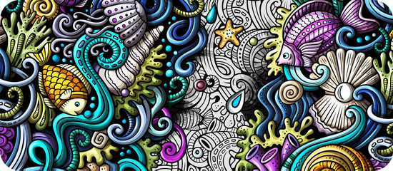 Sea life hand drawn doodle banner. Cartoon detailed flyer.