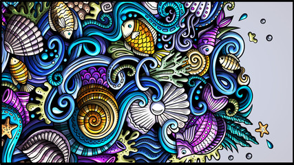 Sea life hand drawn doodle banner. Cartoon detailed flyer.