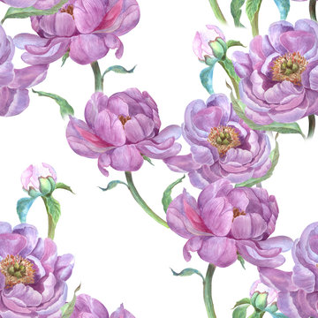 Flowers of peonies on the background of watercolor. Seamless pattern. Watercolor. Collage of flowers and leaves. Use printed materials, signs, objects, websites, maps.