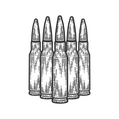 Five bullets stand nearby. Scratch board style imitation. Black and white hand drawn image.