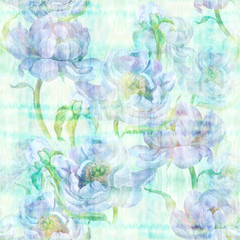 Fototapeta na wymiar Flowers of peonies on the background of watercolor. Seamless pattern. Watercolor. Collage of flowers and leaves. Use printed materials, signs, objects, websites, maps.