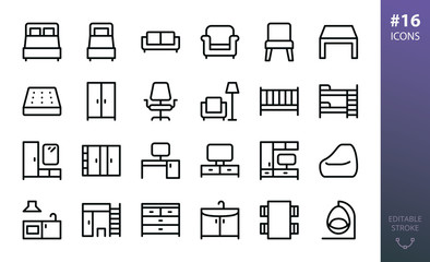 Furniture isolated icons set. Set of home furniture, loft table, double bed, bedding mattress, bean bag chair, tv stand, hallway furniture, rattan swing chair, wardrobe closet outline vector icon