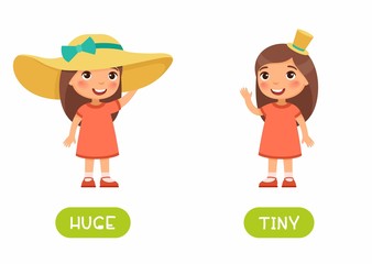 Huge and tiny antonyms flashcard. Word card for english language learning with flat character. Opposites concept.   Girl wearing big and small straw hat