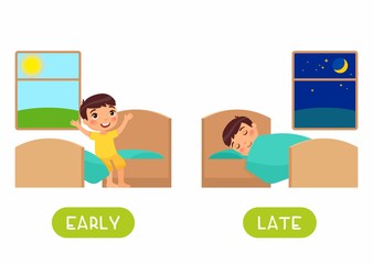 Little boy waking up and sleeping illustration with typography. Late and early antonyms flashcard flat vector template. Word card for english language learning. Opposites concept.