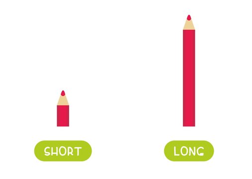 Huge and tiny pencils illustration with typography. Short and long antonyms word card flat vector template. Flashcard for english language learning. Big and small opposites concept. 