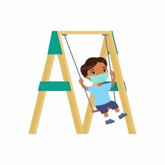 Little indian boy with medical mask on their faces swing on a swing. Virus or allergy protection. Flat characters. Vector illustration on a white background.