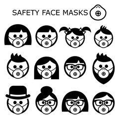 People wearing safety face masks vector icons set - adults, children, seniors, masks worn to prevent disease, virus, air pollution, contaminated air