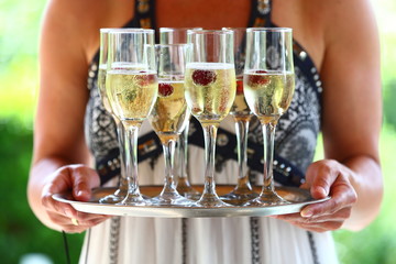 tray filled with champagne glasses carried by a woman 