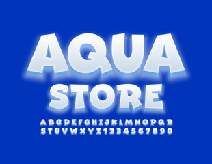 Vector creative banner Aqua Store with trendy Font. White glowing Alphabet Letters and Numbers