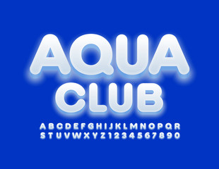 Vector trendy logo Aqua Club. Glowing modern Font. White creative Alphabet Letters and Numbers