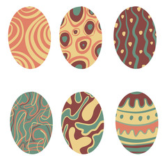 Set of easter eggs with a pattern on an isolated white background. Delicate, cute color palette. Happy easter. Greeting card design element and more. Digital hand drawing illustration. 