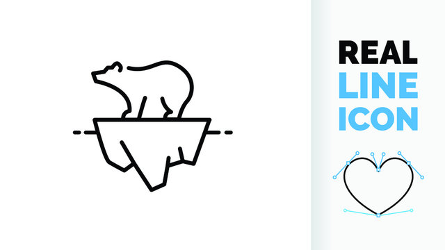 Polar bear on a small ice sheet because of global warming in the polar region in a real line icon file so you can edit the stroke weight in black modern lines on a clean white background