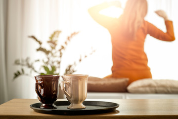 Woman by the window in the morning in the light of the sun