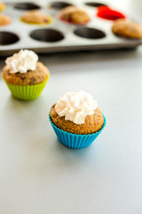 banana and raspberry muffin close up in the kitchen table