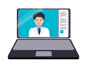 Online medical consultation and support. Doctor on laptop screen at home. Medicine on the Internet. Webinars, video conference Advice and training. Vector flat design illustration.