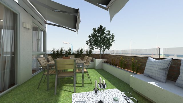 TERRAZA COMEDOR CON VISTAS AL MAR . RENDER 3D
