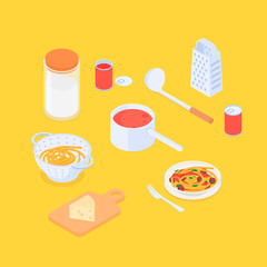 Making spaghetti set. Isometric vector illustration in flat design.