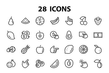 Fruit Icon Set, Vector lines, Contains icons such as apple, banana, cherry, lemon, watermelon, Avocado Editable stroke, 48x48 pixels, White background, eps 10