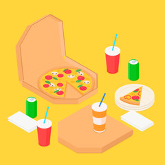 Pizza party set. Isometric vector illustration in flat design.