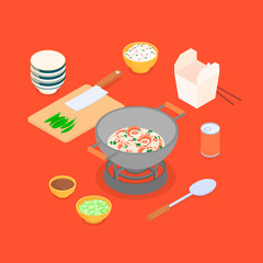 Red stir frying set. Isometric vector illustration in flat design.