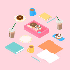 Pink work set with donuts and coffee. Isometric vector illustration in flat design.
