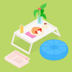 Green breakfast in bed set. Isometric vector illustration in flat design.