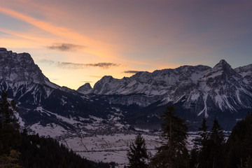 Dawn in the mountains in winter. Ehrwald, Tirol, Austria
