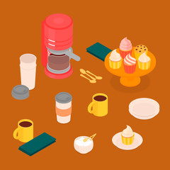 Brown coffee making set with cupcakes. Isometric vector illustration in flat design.