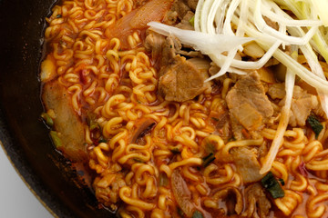 Boiled meat ramen on white background