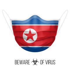 Medical Mask with National Flag of North Korea. Protective Mask Virus and Flu. Surgery Concept of Health Care Problems and Fight Novel Coronavirus (2019-nCoV) in Form of North Korean flag