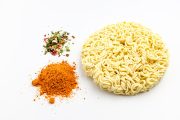 Noodles and soup on white background