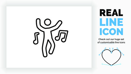 customisable real line icon of people called a stick figure symbol in black outline dance and party to music with the sound quarter note with modern clean lines on a white background