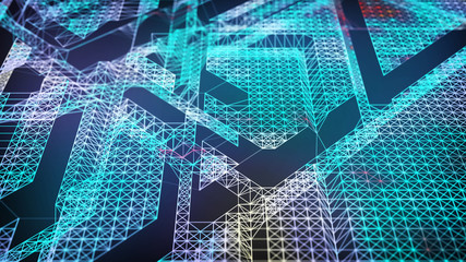 Glowing particles. Cybernetic futuristic background. Big data visualization. Abstract perspective illustration. 3D rendering.