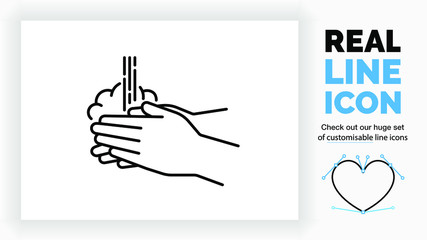 Editable real line icon of washing hands with soap for hygiene recommended by the world health organisation to prevent infection of the Corona virus in black modern lines on a clean white background
