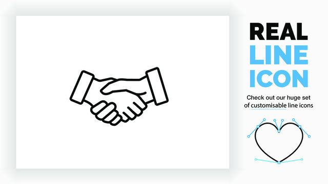 Editable line icon of two business people closing a deal or contract by a handshake in modern black lines on a clean white background as a EPS vector file