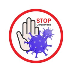 Hand stop coronavirus cells symbol. Vector illustration outline flat design style.