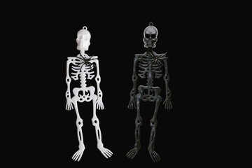 Dark and white sceleton figures on black background. Metaphor of life and death as both sides of medal. Yin and Yang, mystique concept.