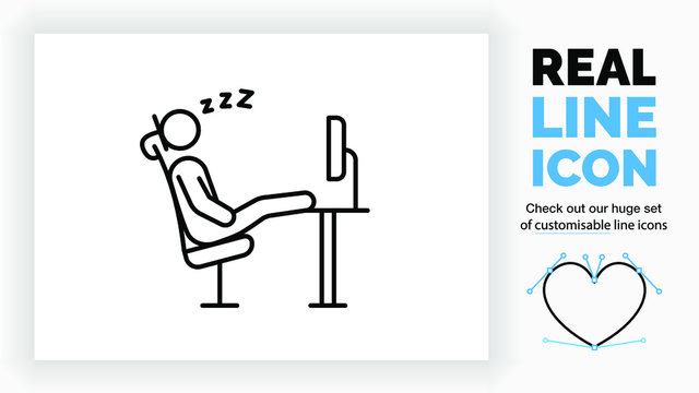 Editable Real Line Icon Of An Employee Stick Figure Sleeping On The Job In His Office Chair With His Feet On His Desk With A Computer On It In Black Modern Lines On A Clean White Background In Eps